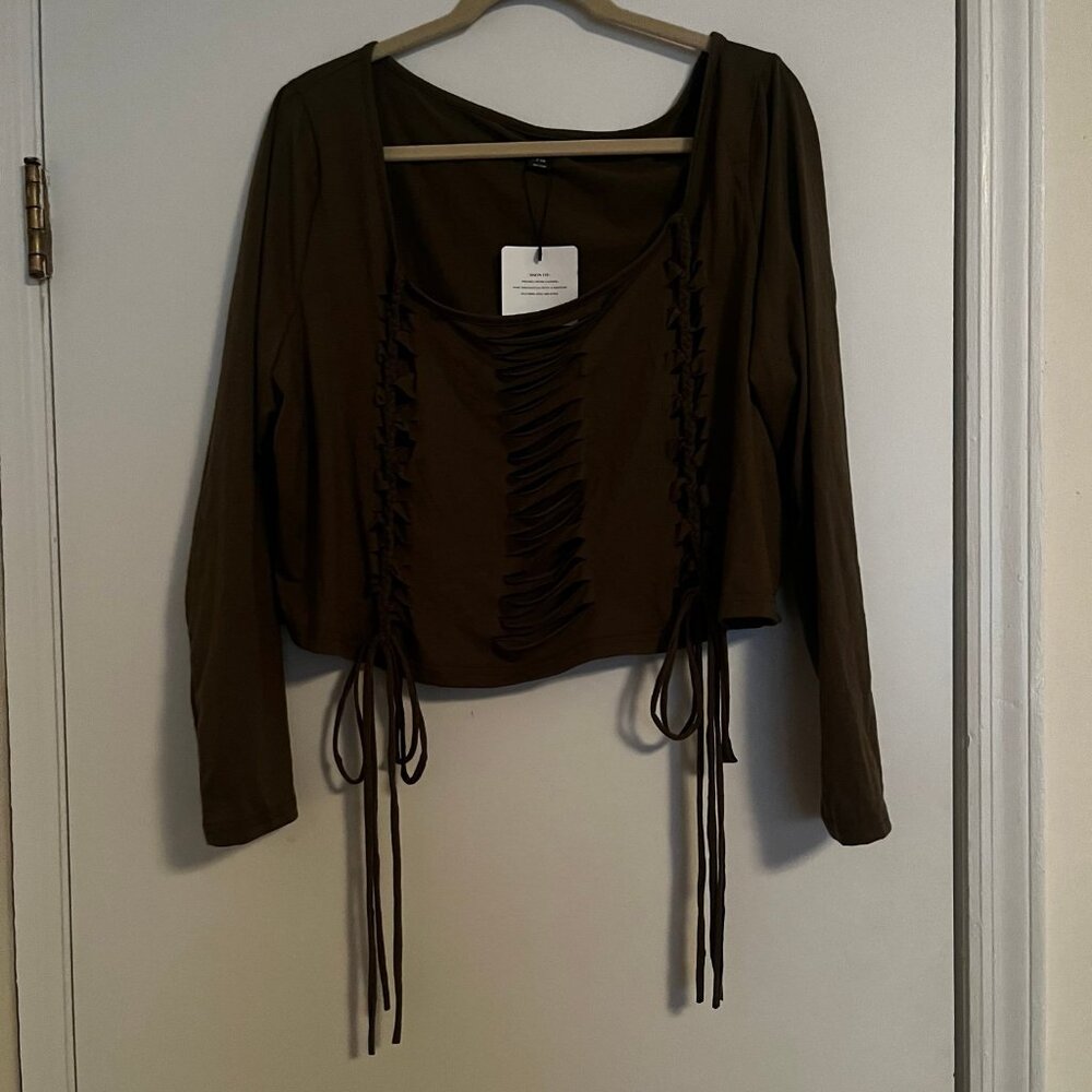 Shein Size 4xl Olive Green Distressed Long Sleeve Cropped Top NWT